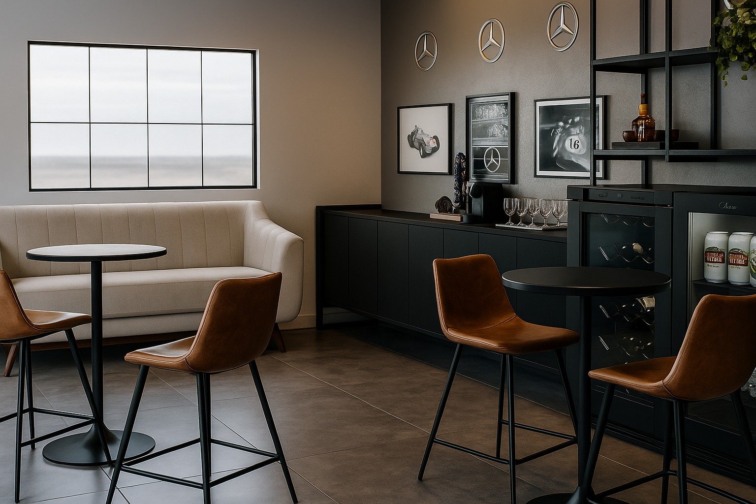 Projeto de lounge empresarial moderno com área de convivência, mobiliário de alto padrão, decoração contemporânea e marcenaria planejada desenvolvido pela Daiana Turati Arquitetura